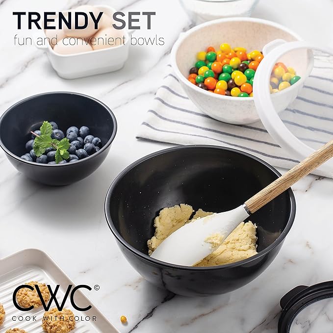 COOK WITH COLOR Mixing Bowls with TPR Lids - 12 Piece Plastic Nesting Bowls Set includes 6 Prep Bowls and 6 Lids, Microwave Safe Mixing Bowl Set (Black and White)