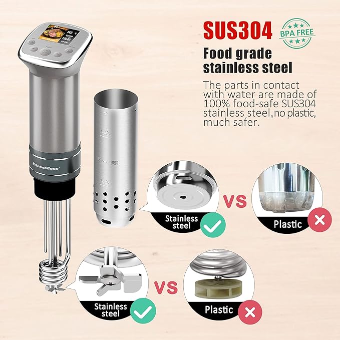 KitchenBoss Sous Vide Cooker Machine: Ultra-Quiet Built-in TFT Recipes IPX7 Waterproof circulator cooker Brushless DC motor 1100 Watts Immersion Circulator Sous-vide Cooking Machine G321, Silver