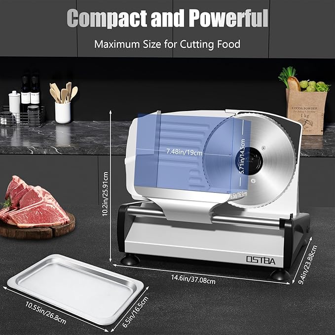 OSTBA Meat Slicer with Quiet DC Motor, 200W Electric Deli Slicer, Dual 7.5'' Stainless Steel Blades, 0-15mm Adjustable Thickness, Easy to Clean, Ideal for Meat, Cheese, Bread, and Vegetables