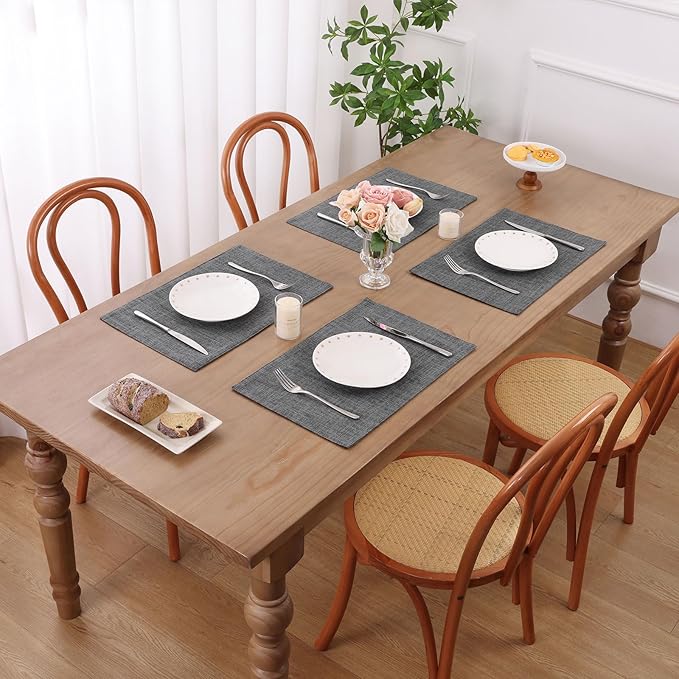 SHACOS Woven Fabric Placemats Set of 4 Heat Resistant Place Mats Non Slip Washable Double Layer Cloth Placemats Reversible Table Mats Kitchen Dining Table Decor (4, Dark Grey)