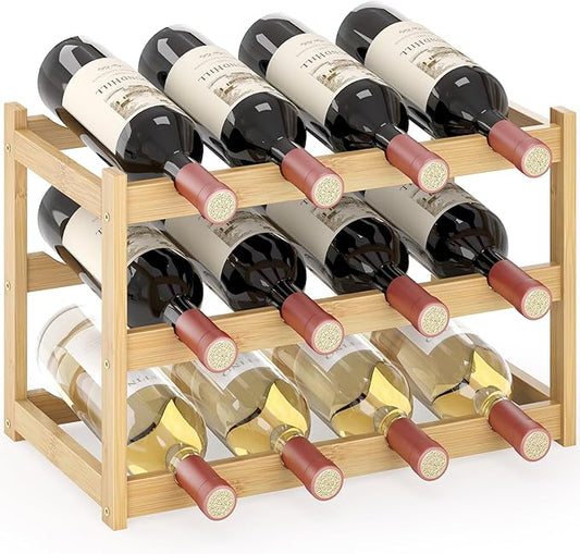 Wine Rack Countertop for 12 Wine Bottles, Small Bamboo Free Standing Racks Tabletop Display, Wooden Wine Storage Organizer for Cabinet Pantry Kitchen Bar Home Dining Room (Natural)