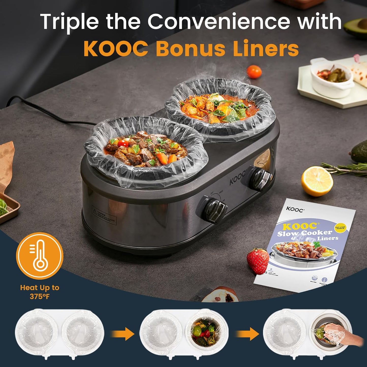 KOOC Double Small Slow Cooker, Buffet Server and Warmer, 2 Mini Pots with 3 Individual Adjustable Temp, Dual Ceramic Pots, Free Liners for Easy Clean-up, Stainless Steel, Total 2.5 Quart, Grey, Round