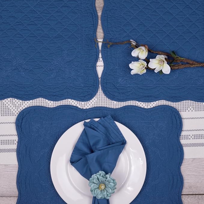 Quilted Placemats Set of 4 with Matching Cotton Napkins – 4 Piece Table Mats & 4 Cloth Napkins – 100% Cotton Table Linen Set for Everyday & Holiday Dining (4, Denim Blue)