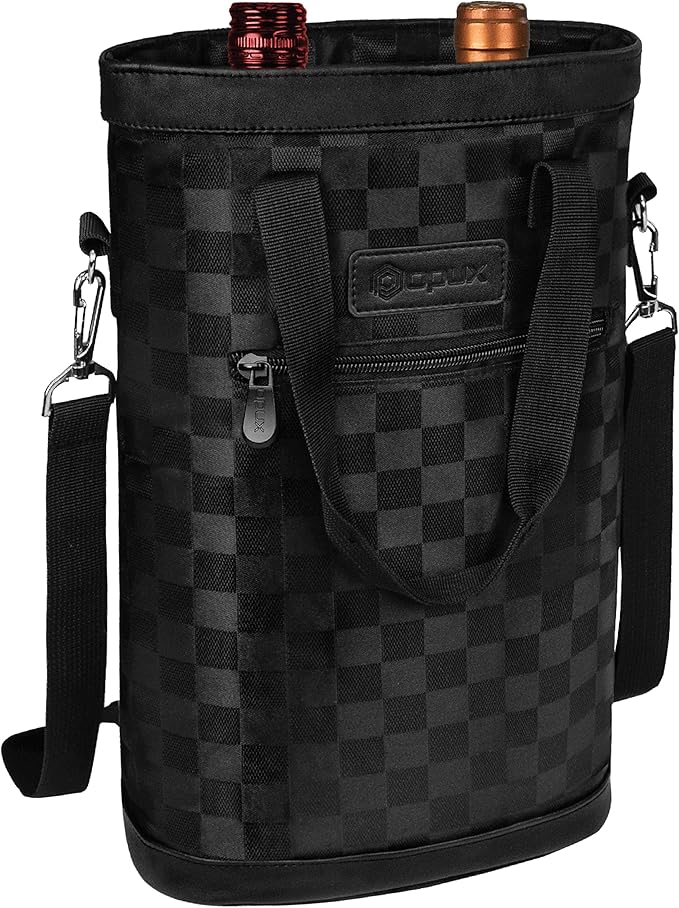 opux Two Bottle Wine Bag Carrier Tote, Insulated Leakproof 2 Bottle Wine Cooler Bag for Travel BYOB Picnic, Portable Wine Case, Gift for Men Women Wine Lover Birthday Party Christmas, Checker Black