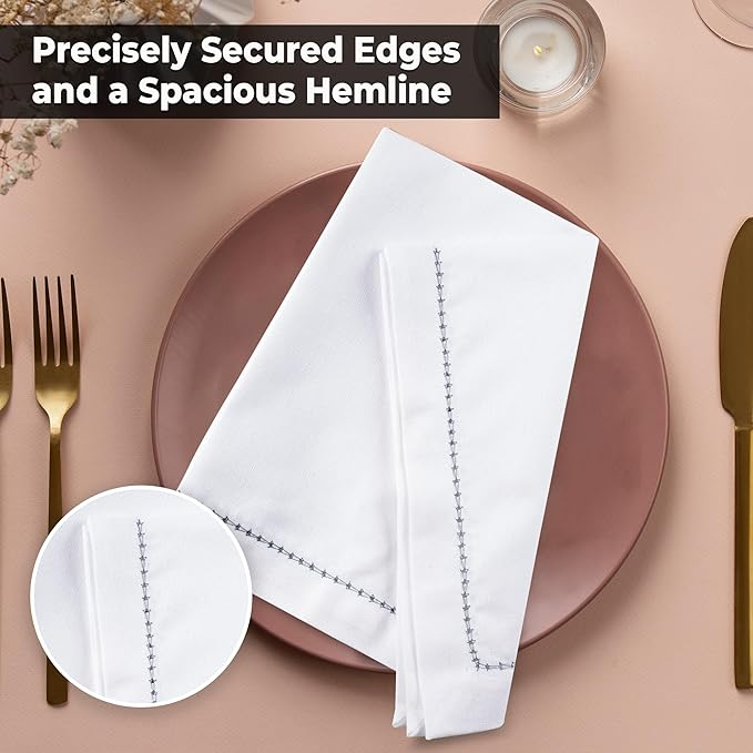 Urban Villa Cloth Napkin Set of 12 Hemstitch White Grey 20x20 Inches Premium Soft Cotton Highly Absorbent Reusable & Washable Dinner Table Napkins for Home and Weddings