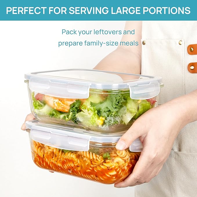 Vtopmart 2Pack 1860ml/ 63oz Large Glass Storage Containers with Lids, Meal Prep Food Container Set with Snap Airtight Lid for Baking, Microwave, Oven, Leak Proof, for Freezer, Dishwasher, Grey