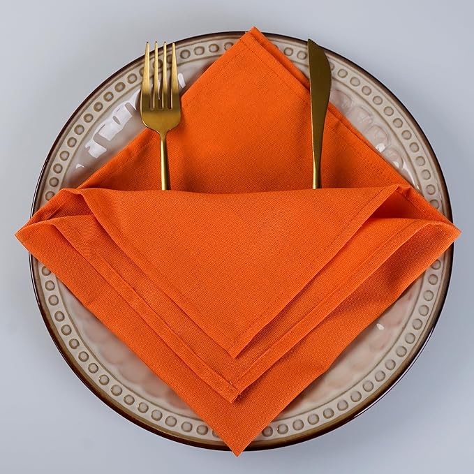 Solid Color Linen Blended Thin Dinner Fabric Napkins - Set of 12 (40 x 40 cm) - for Thanksgiving Halloween Use (Orange/Fall)