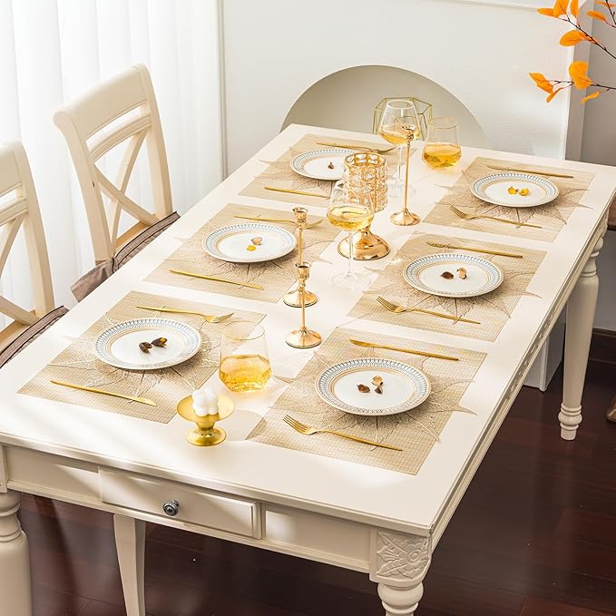 BACKTOEDEN Placemats Set of 6 Heat Resistant Washable Wipeable Placemat Woven Non-Slip Foldable Vinyl/Plastic Place Mats Indoor/Outdoor Mat Kitchen Dining Table Pad, Gold Maple Leaf & Beige