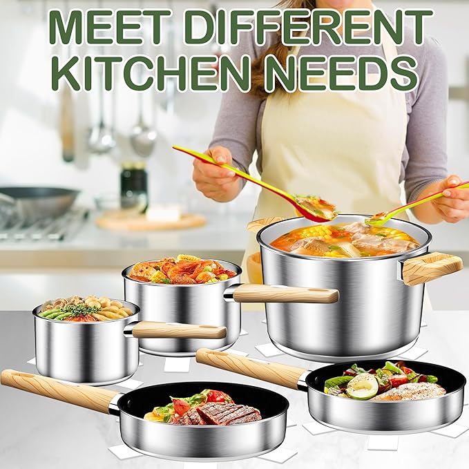 Stainless Steel Cookware Set 13pcs, Pots and Pans Set, Induction Cookware, Kitchen Cooking Set, Heavy Duty, Triple-bonded base, Dishwasher Safe