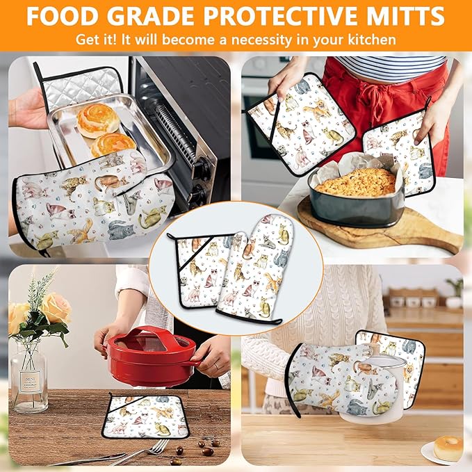 Cute Cats Oven Mitts and Pot Holders Sets 4Pcs,Extra Long Oven Gloves Potholder for Kitchen Cooking Baking BBQ 100% Cotton Heat Resistant