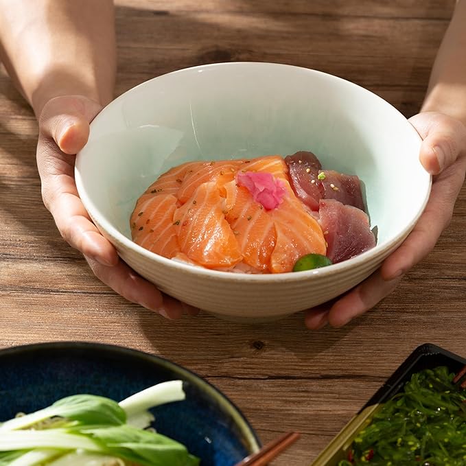 8 Inch Ceramic Ramen Bowl Set of 2, 40oz Japanese Bowls with Spoons & Chopsticks,Durable,Microwave & Dishwasher Safe,Perfect for Ramen,Pho,Salad,Soup,Noodles，Mixing bowls（Blue Topaz）