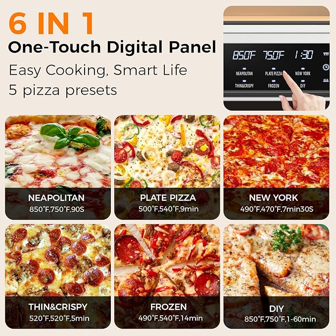 Pizza Oven Indoor, Makes 12 Inch Pizzas in 90s at 850°F, Countertop Electric Pizza Oven with Continuous Baking Without Reheating, Pizza Cooker with 6 Preset Modes, Pizza Stone & Peel Included