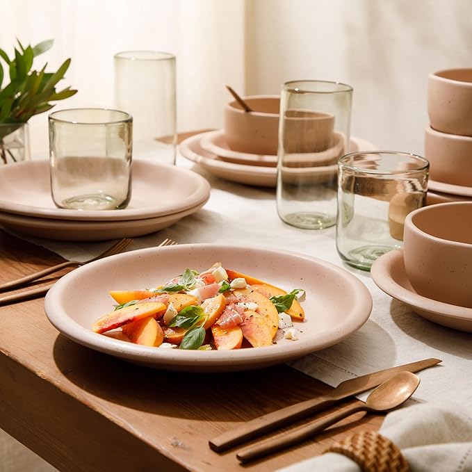 Bloomhouse - Two Time Oprah's Favorite Things Winner - Corsica Clay 12 Piece Stoneware Rustic Reactive Glaze Dinnerware Set - Stackable Plates and Bowls Set. Service for 4 - Matte Prosecco Blush Pink