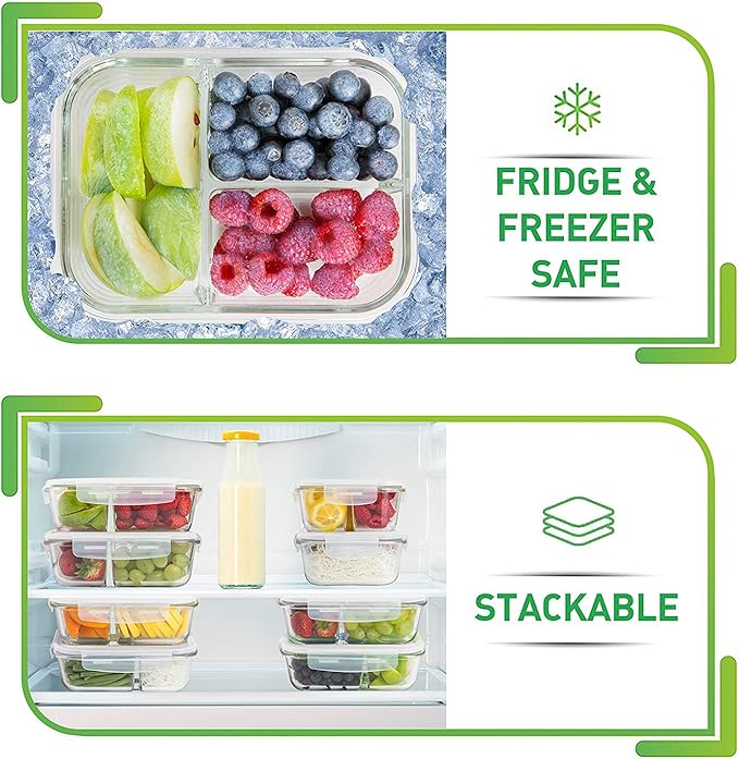 PrepNaturals 3 Pack 34 Oz Glass Meal Prep Containers - Dishwasher Microwave Freezer Oven Safe - Glass Storage Containers with Lids (Multi-Compartment)