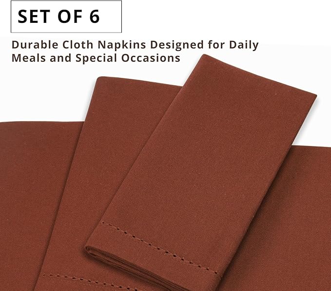 PurpleEssences Rust Set of 6 Hemstitch Cloth Dinner Napkins 100% Cotton - Soft Durable Washable - Ideal for Wedding Christmas Holiday Winter - Perfect Everyday Use Table Linen 18x18 - Rust