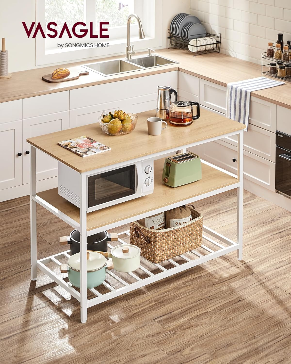 VASAGLE Kitchen Island with 3 Shelves, 47.2 Inches Width Kitchen Shelf with Large Worktop, Stable Steel Structure, Industrial, Easy to Assemble, Oak Color and White UKKI001W09