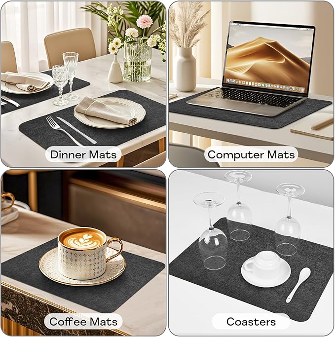 Vinly Placemats Set of 6 - Waterproof Wipeable Faux Leather Table Place Mats Heat Resistant Anti Slip Table Mats for Dining, Indoor, Outdoor, 15.8" x 11.8" (Dark Grey)