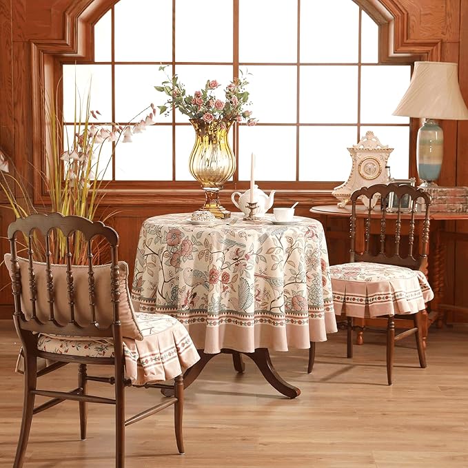 patdrea Designer Vintage Round Tablecloth,Pink Linen Table Cloth with Birds Pattern,Colorful Decoration French Table Cover for Kitchen Dining,Party,Thanksgiving,Christmas,Diameter 67"-Kulom a