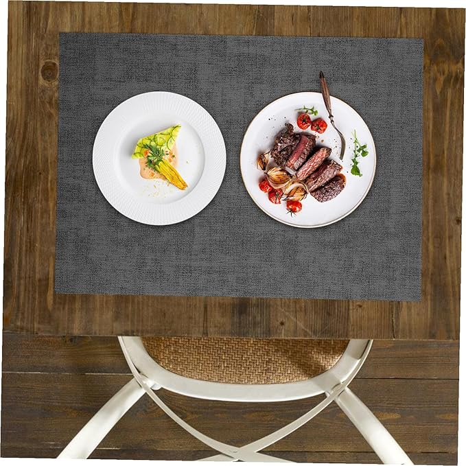 Angoily 2pcs Reversible Faux Leather Placemats Non-Slip Heat Resistant Dining Table Mats with Fabric Texture Spillproof Protection for Indoor Outdoor Kitchen Use