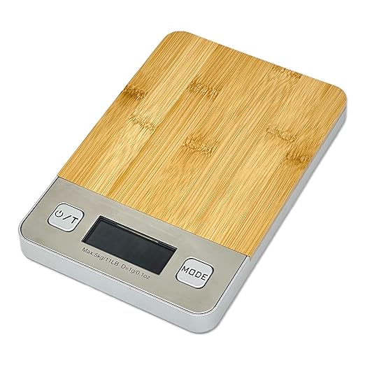 Bamboo Platform Digital Kitchen Scale - for Food Coffee Lab - LCD Display gram Ounces lb:oz - 11 LB/5 KG Capacity - Battery Included - Natural by The Display Guys