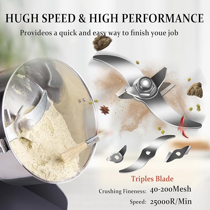 750g Grain Mill, flour mill grinder for home, Electric Stainless Steel Grain Grinder for Wheat, Spices, coffee,Corn and Other Dry Food Grinders for Kitchen