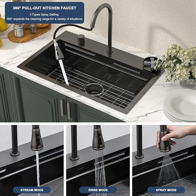Lordear 31 Black Drop in Waterfall Kitchen Sink -31"x20" Drop In Kitchen Sink Ledge Workstation Gunmetal Black 16 Gauge Single Bowl Topmount Handmade Sinks with Pull Out Faucet