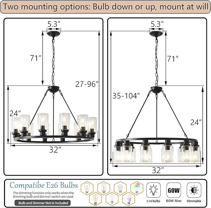 32“ Black Wagon Wheel Chandelier, 12-Light Farmhouse Glass Pendant Lights Kitchen Island Round Hanging Lighting fixtures Ceiling for Living Room, Dining Room, Kitchen Island, Entryway, Foyer