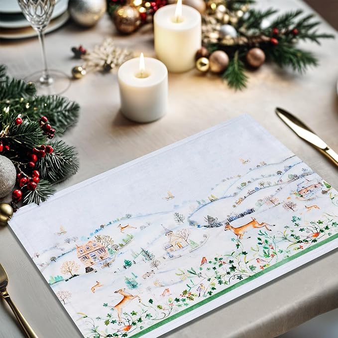 Maison d' Hermine Placemats Set of 4 100% Cotton Washable Cloth Place Mats, Reusable Table Mats for Thanksgiving Christmas Decorations Kitchen Dining Party Wedding Restaurant (Snowy World, 13" x 19")
