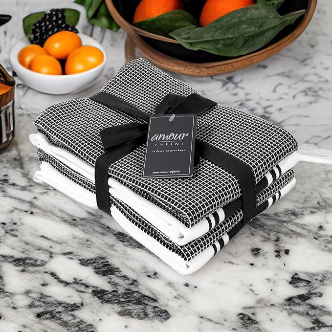 AMOUR INFINI Cotton Kitchen Towels - Set of 4 Highly Absorbent, Ultra Soft Waffle Weave Tea Towel with Hanging Loop - 20x28 Inch Quick Drying Dish Cloths for Cleaning (Black)