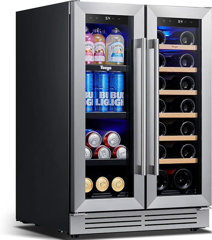 Yeego Wine and Beverage Refrigerator - 24 Inch Dual Zone Wine Cooler Fridge with Glass Door, Quiet Compressor Cooling, Hold 60 Cans & 20 Bottles, Built-in or Freestanding or Under Counter