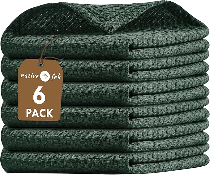 Native Fab 6 Pack Waffle Dish Cloths - 100% Cotton, Absorbent, Quick Drying & Soft Towels for Cleaning, Cooking & Baking - Ideal for Home, Restaurants & Cafes - 12x12 Inches - Olive Green