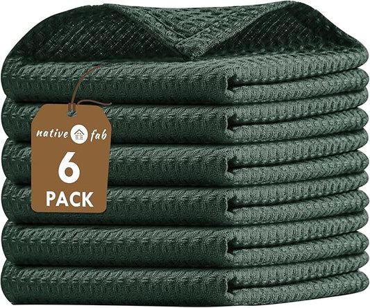 Native Fab 6 Pack Waffle Dish Cloths - 100% Cotton, Absorbent, Quick Drying & Soft Towels for Cleaning, Cooking & Baking - Ideal for Home, Restaurants & Cafes - 12x12 Inches - Olive Green