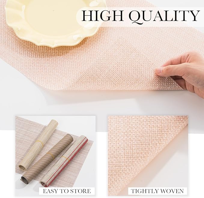 BACKTOEDEN Placemats Set of 8 Heat Resistant Washable Wipeable Placemat Woven Non-Slip Foldable Vinyl/Plastic Place Mats Indoor/Outdoor Mat Kitchen Dining Table Pad, Bright Silk Pink