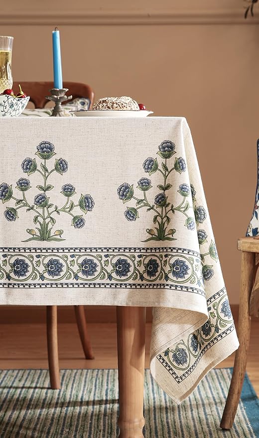 patdrea Designer Small Blue Tablecloth for Square Tables,Vintage Linen with Leaves and Flowers Pattern Tablecloths,Farmhouse Floral Table Cover Cloth Decor for Kitchen Dining Christmas,55"*55"