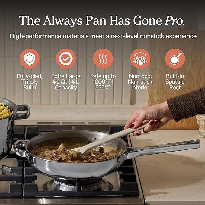 Our Place Titanium Large Always Pan Pro - 12.5” (4.2 Qt) No-Coating Nonstick Skillet | Tri-Ply Titanium & Stainless Steel | Safe for Oven, Induction & Cooktops up to 1000°F | Includes Spatula | Chrome