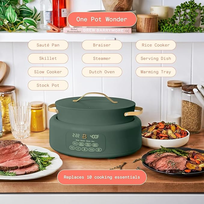 Beautiful 10-in-1 Electric Multi-Cooker by Drew Barrymore, 6-quart, digital display, 10 cooking functions, non-stick pot, easy one-touch control (Thyme Green)