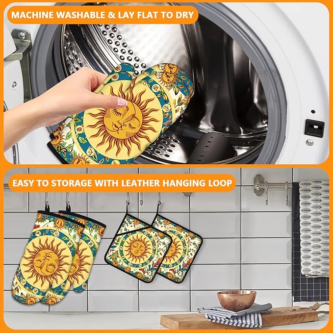 Sun and Moon Oven Mitts and Pot Holders Sets 4Pcs,Extra Long Oven Gloves Potholder for Kitchen Cooking Baking BBQ 100% Cotton Heat Resistant
