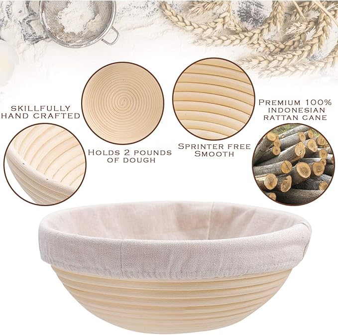 YAANI Sourdough Starter Kit, Sourdough Bread Baking Supplies, Banneton Bread Proofing Basket Set Of 2 Round and Oval, Dough Whisk, Scoring Tool, Metal Scraper, Silicone Scraper, Premium Baking Tools