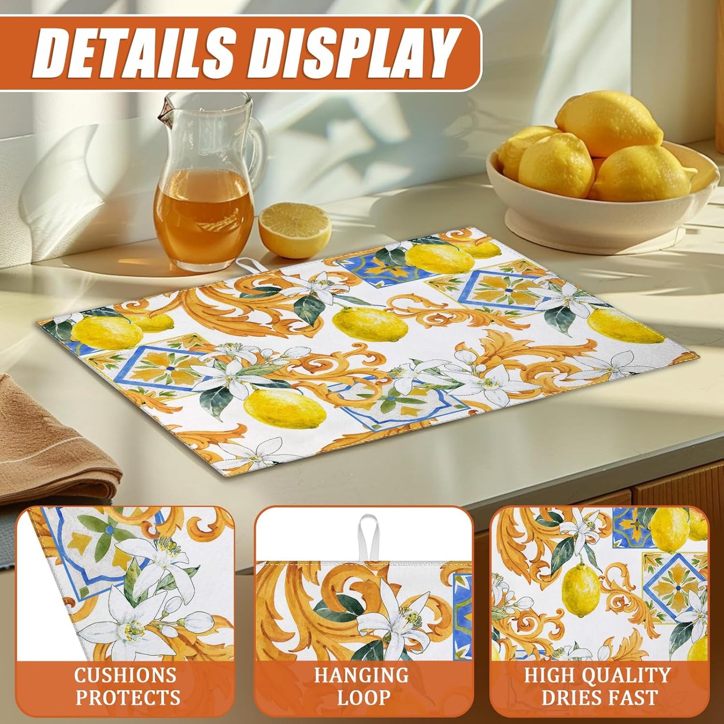 Watercolor Lemon Dish Drying Mat for Kitchen Counter Microfiber Absorbent Dish Kitchen Drying Mat Draining Reusable Washable for Dishes/Utensils/Counterto