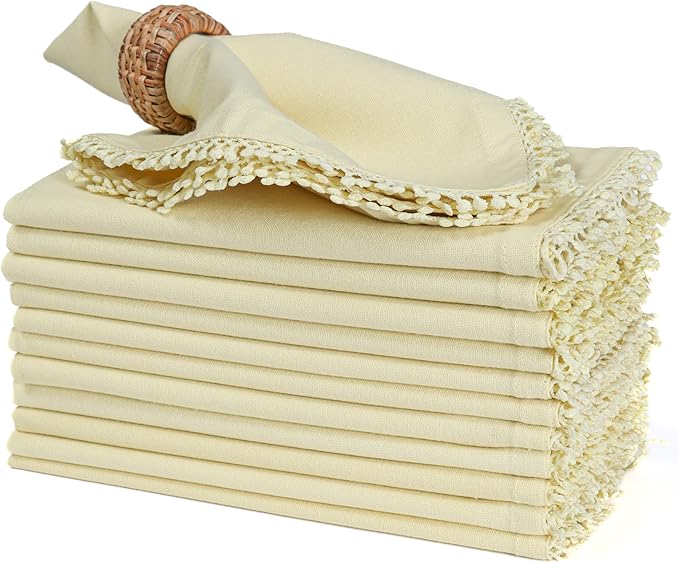 Bedding Craft Cotton Cloth Dinner Napkins Set of 12 – 18x18 French Vanilla Light Yellow with Decorative Lace Selvedge – Elegant Machine Washable Fabric Napkins for Weddings, Parties & Dining
