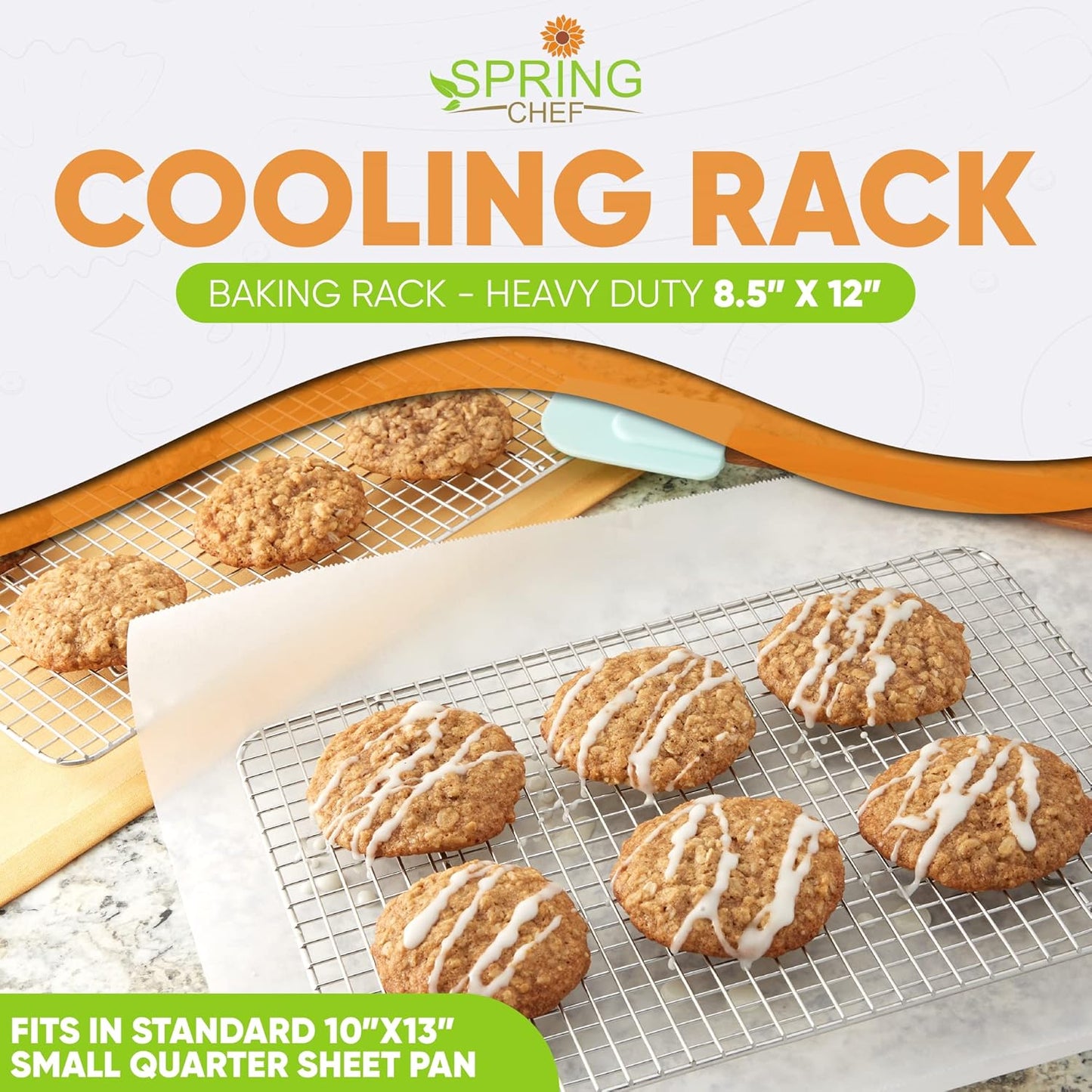 Spring Chef 8.5 x 12 Inch Stainless Steel Cooling Rack for Cooking and Baking - Oven Safe Cookie Cooling Rack - Fits Small Quarter Sheet Pan - Dishwasher Safe