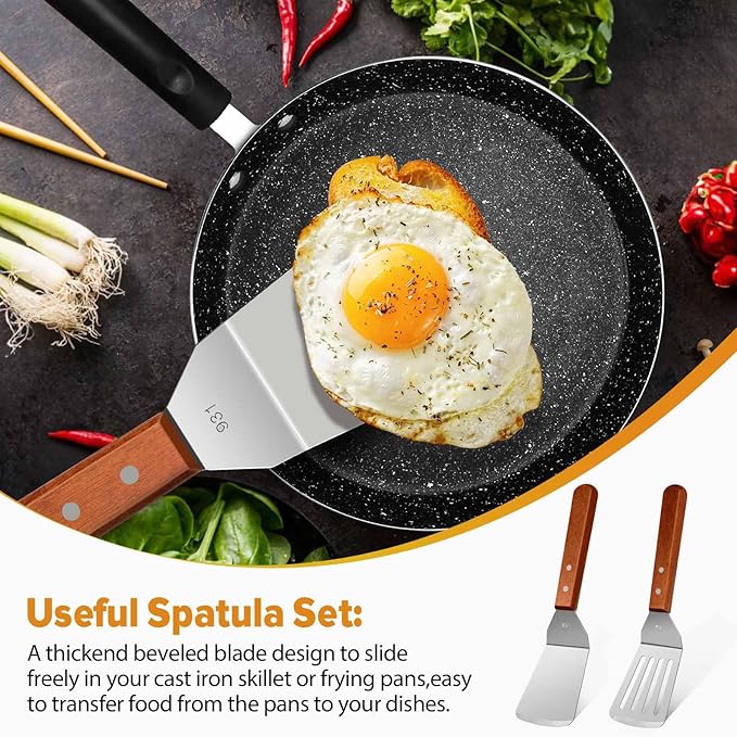 Metal Spatula Set for Kitchen Use,2Pcs Large Stainless Steel Spatulas for Cast Iron Skillet,Wood Handle Wok Flat Top Grill Griddle Spatula Turner Flipper Utensil Set for Burgers Pancake Egg Fish BBQ