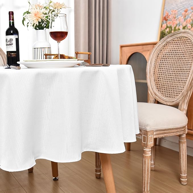 Fitable Faux Linen Round Tablecloths 90 Inch, 6 Pack - Fabric Textured Table Clothes for Round Folding Tables, Washable Neutral Table Covers for Wedding, Party, Banquet, Birthday, White
