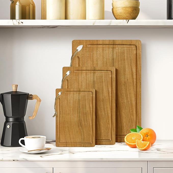 Extra Thick Wooden Cutting Boards for kitchen (Set of 3), Large Acacia Wood Cutting Board, Butcher Blocks, Charcuterie Boards with Side Handles and Juice Groove - Natural
