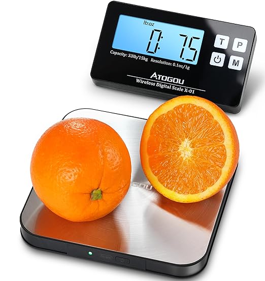 Aotgou Food Scale, 33lb Wireless Kitchen Scale with Remote Display, 1g/0.1oz Precise Graduation, Food-Grade 304 Stainless Steel, Digital Scale for Cooking, Baking, Postage, Shipping Black&Grey
