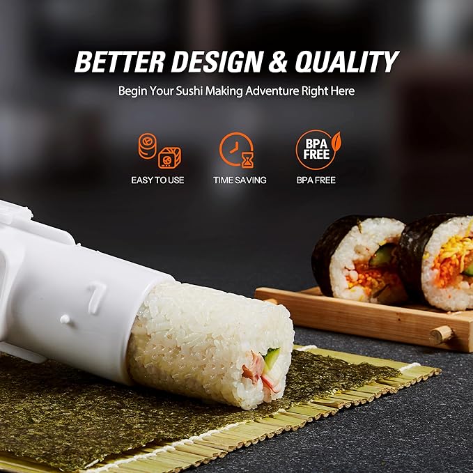 ISSEVE Sushi Making Kit Sushi Bazooka Maker with Bamboo Mats and Chopsticks, Paddle, Spreader, Sushi Knife, DIY Sushi Roller Machine