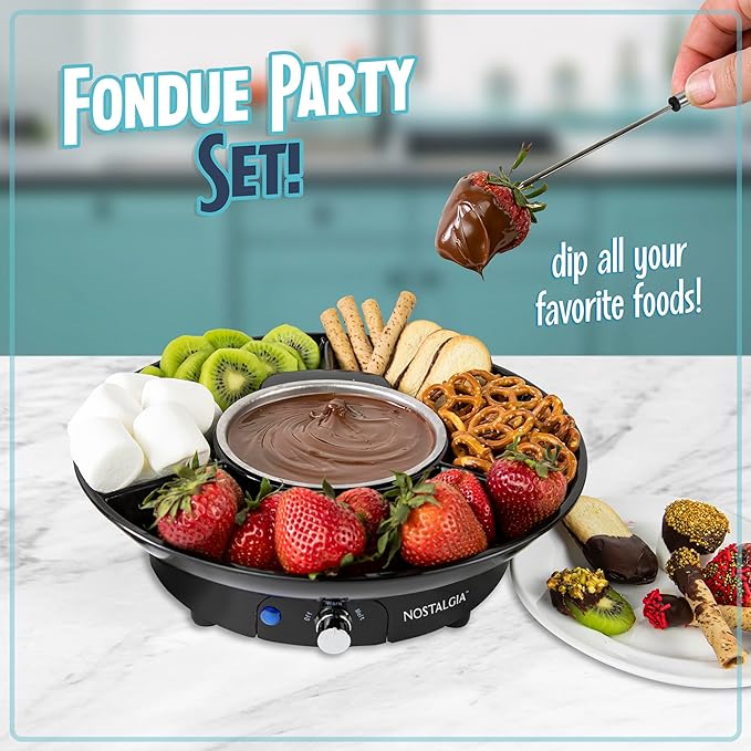 Nostalgia Electric Fondue Party Set – 10 oz Melting Pot, 4 Roasting Forks, & Detachable Serving Tray – Melted Cheese, Chocolate, or Dessert – Perfect for Gifts, Parties, Date Night – Black