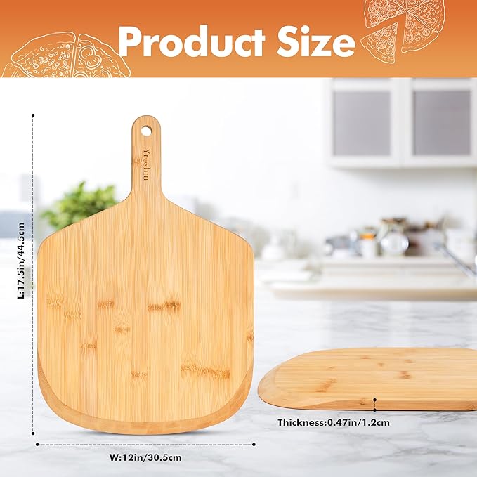 12 Inch Bamboo Pizza Peel Premium Wooden Pizza Board Paddle with Handle for Baking, Serving & Cutting– Use for Pizza, Bread, Pastries, Dough, Easy Grip