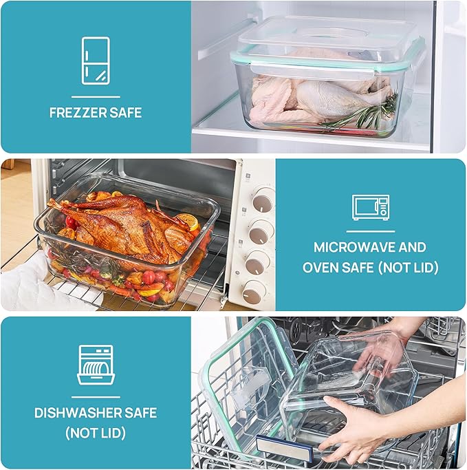 Vtopmart 6.5L/ 220oz/ 27.5cup Extra Large Glass Food Storage Containers with Snap Airtight Lids for Roasting Turkey, Chicken, Baking Casserole, Fruits, Party, BPA Free, Oven Safe, Freezer, Dishwasher