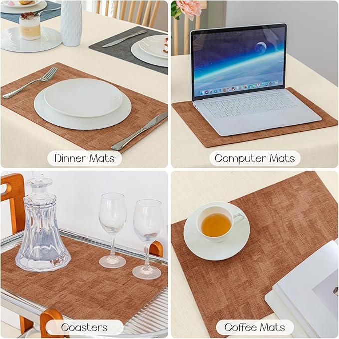 Romanstile Reversible Vinyl Placemats Set of 8, Faux Leather 100% Waterproof Oil-Proof Wipeable Place Mats, Heat Resistant Dual Sided Table Mats for Kitchen/Dining/Party (Grey Orange, 12 x 17 Inch)